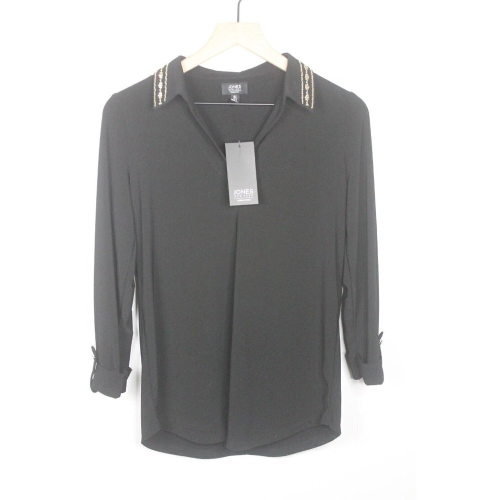 Women’s Jones New York Roll Sleeve Blouse Top, Black, XL with Gold Metal NWT